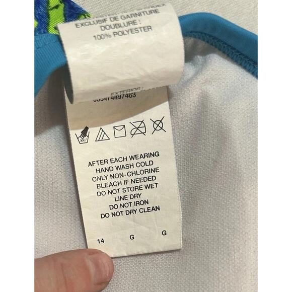 Nike One Piece‎ Swimsuit Neon Green & Blue Print Girls Size 14 Floral Geometric - Picture 6 of 11